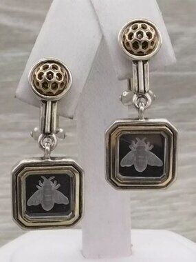 RARE *BARRY KIESELSTEIN CORD* 14KYG STERLING SILVER BEE INTAGLIO EARRINGS